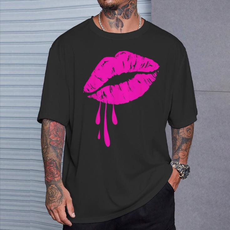 Rosa Lippen Kuss 80er Jahre Lippenstift Make-Up Liebhaber T-Shirt Geschenke für Ihn