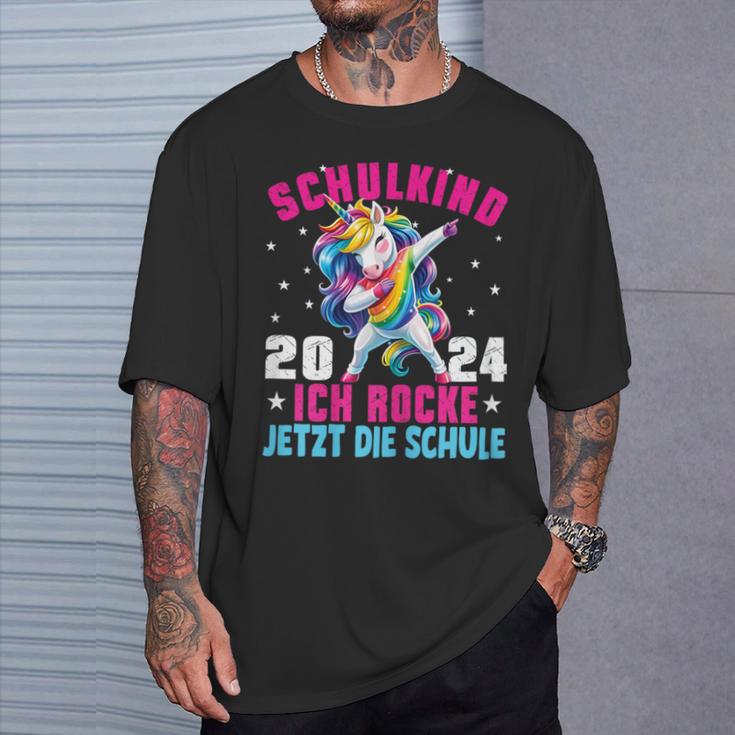 Schulkind 2024 Dabbing Unicorn Ich Rocke Jetzt Die Schule T-Shirt Geschenke für Ihn