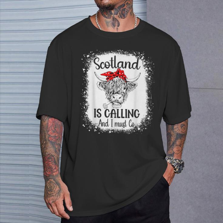 Scotland Is Calling And I Must Go Bleached Highland Cow T-Shirt Gifts for Him