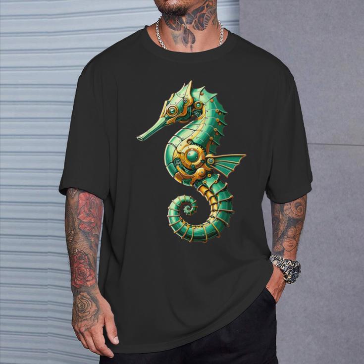 Seepferdchen Hippocampus Roboter In Grünem Gewand T-Shirt Geschenke für Ihn