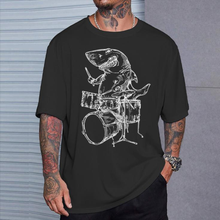 Shark Playing Drums Ocean Drummer Beach T-Shirt Gifts for Him