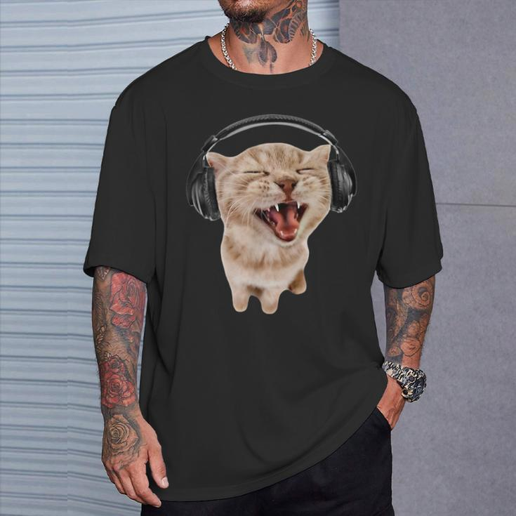 Silly Cat With Headphones T-Shirt Gifts for Him