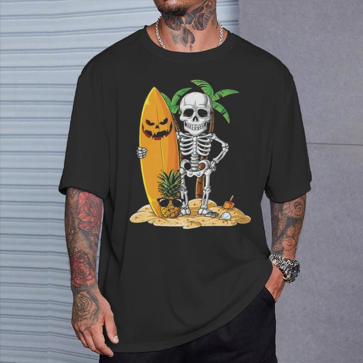 Skeleton Surfing Halloween Hawaii Hawaiian Surfer T-Shirt Gifts for Him