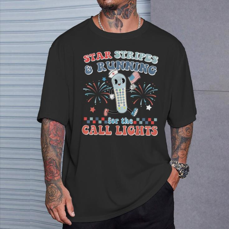 Stars And Stripes Running For Call Lights 4Th Of July Nurse T-Shirt Gifts for Him