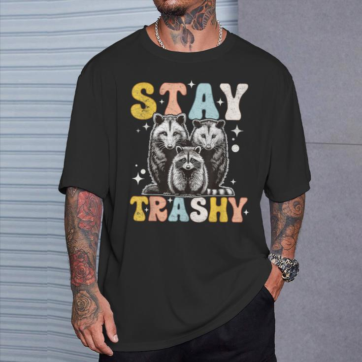 Stay Trashy Raccoon Possum Skunk Groovy Meme T-Shirt Gifts for Him