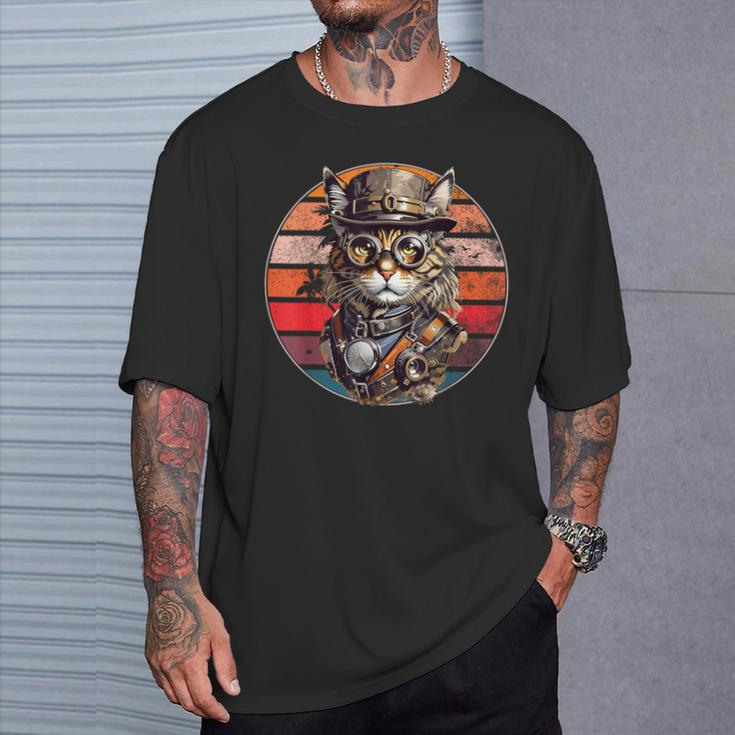 Steampunk Cat Retro Sunset Glasses Hat And Watches T-Shirt Geschenke für Ihn
