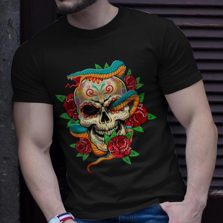 Sugar Skull Day Of Dead Cool Bone Head Skulls Snake Rose T-Shirt Gifts for Him