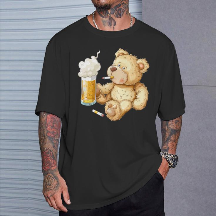 Teddy Bear Smokes And Drinks Beer For Men's Day Father's Day T-Shirt Gifts for Him