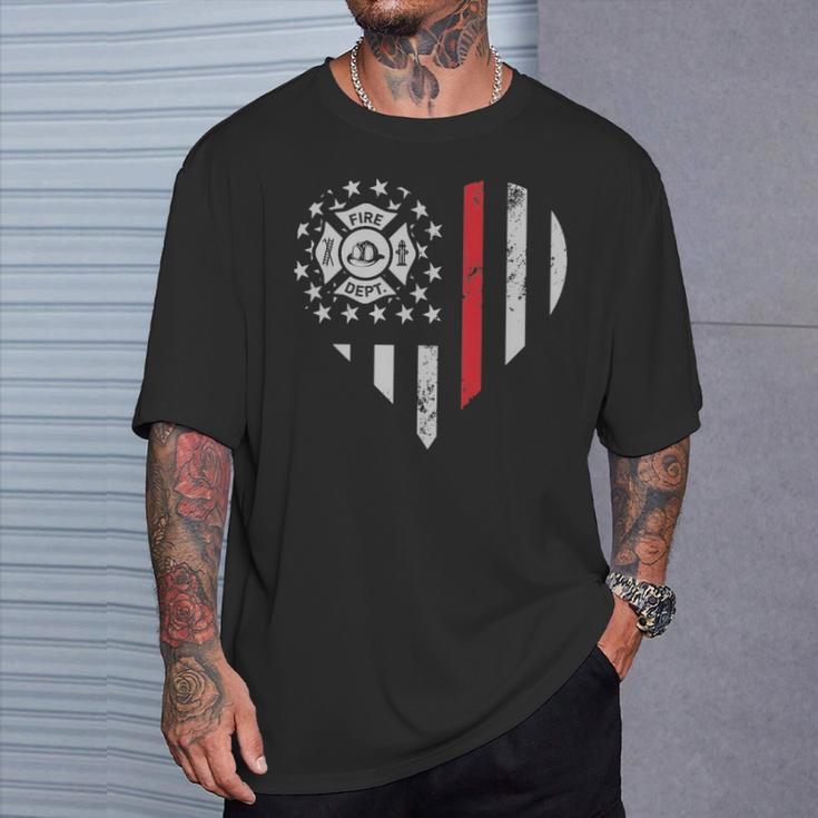 Thin Red Line Firefighter Love American Flag Heart T-Shirt Gifts for Him