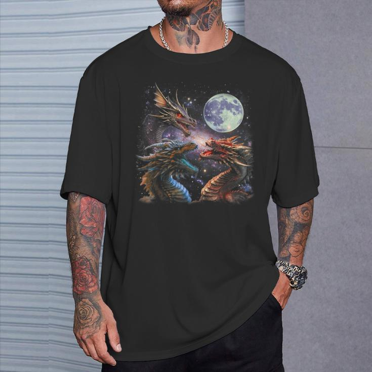 Three Dragon Starry Night Dragon Animal Howling At The Moon T-Shirt Gifts for Him