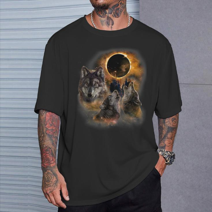 Three Wolves And Solar Eclipse Forest Wolf Animals Wild T-Shirt Gifts for Him