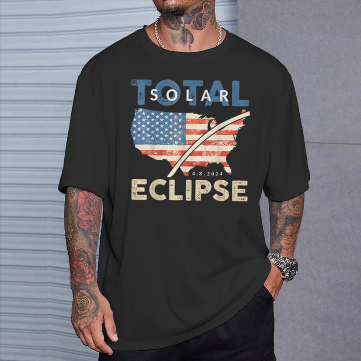 Total Solar Eclipse 04 08 2024 Path Of Totality Map Usa Flag T-Shirt Gifts for Him