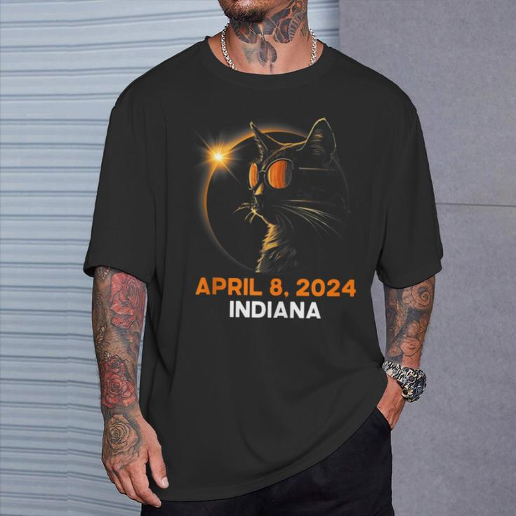 Total Solar Eclipse 2024 Indiana Cat Lover Wearing Glasses T-Shirt Gifts for Him