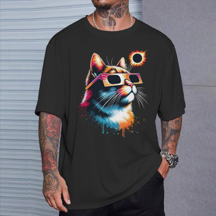 Total Solar Eclipse Cat 2024 Colorful With Eclipse Glasses T-Shirt Gifts for Him