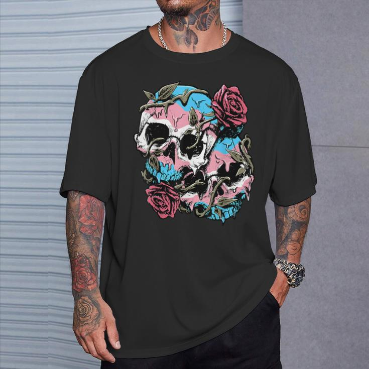 Transgender Pride Trans Flag Skull Roses Subtle Lgbtq T-Shirt Gifts for Him