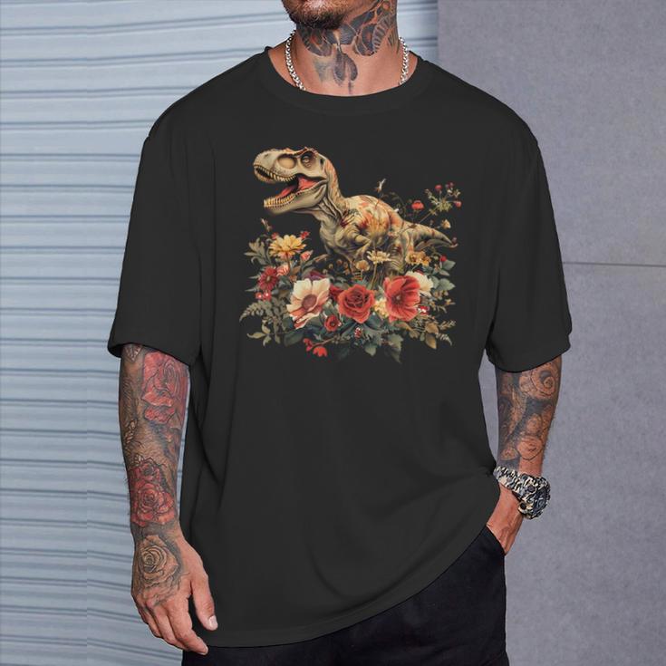 Trex Dinosaur Dino Floral Flower T-Shirt Gifts for Him