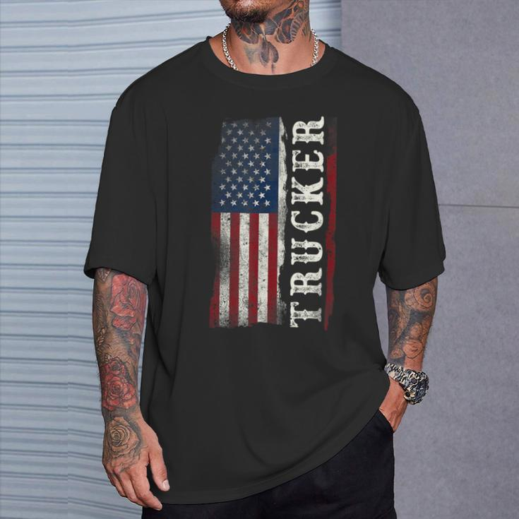 Trucker Truck Driver American Usa Flag Vintage Trucker T-Shirt Gifts for Him