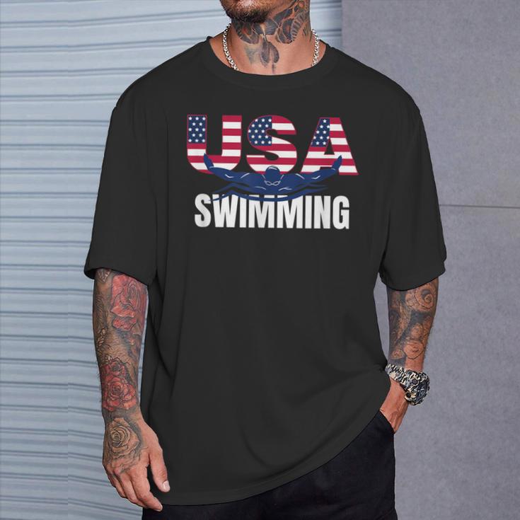 Usa Swimming Athlete Summer Us Swim Aquatic Sport Letters T-Shirt Gifts for Him