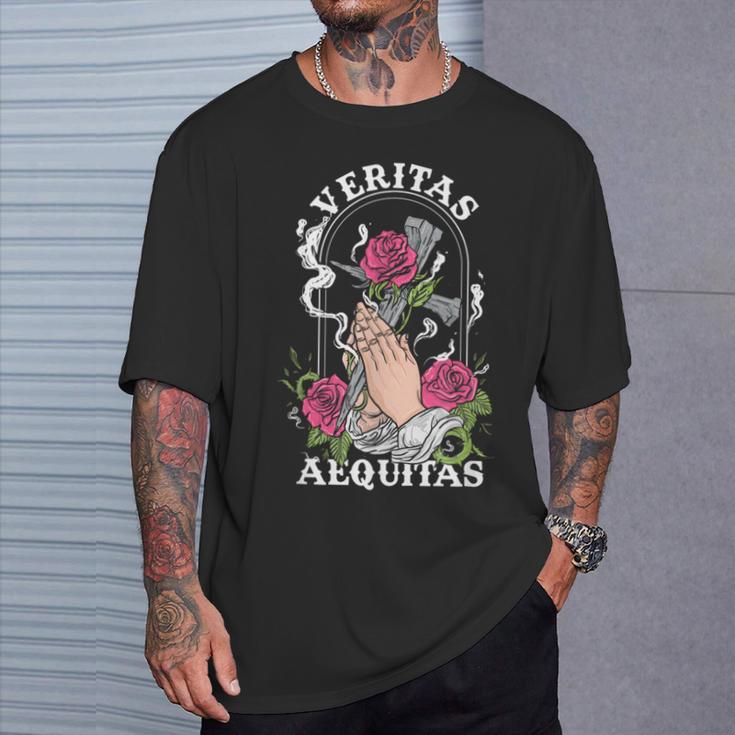 Veritas Aequitas Cross Roses Praying Hands Pray God T-Shirt Gifts for Him