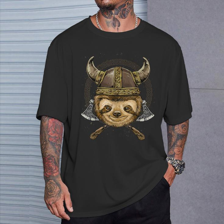 Viking Sloth With Viking Helmet Mjolnir Axes T-Shirt Gifts for Him