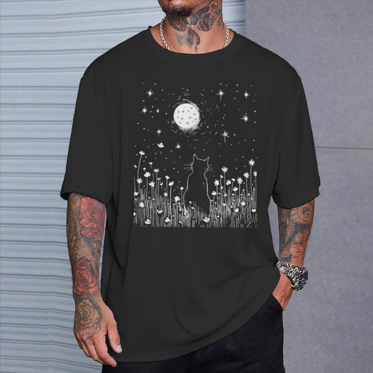 Vintage Cat And Moon Flowers Garden Nature Lover Women T-Shirt Gifts for Him