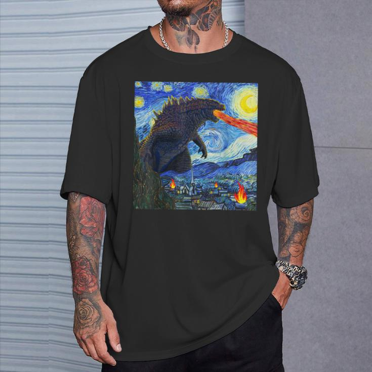 Vintage Japanese Monster Kaiju In Van Gogh Starry Night T-Shirt Gifts for Him