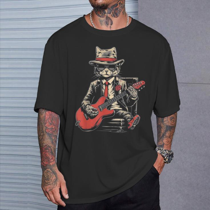 Vintage Jazz Cat Playing Guitar Band Retro Jazz Band T-Shirt Gifts for Him