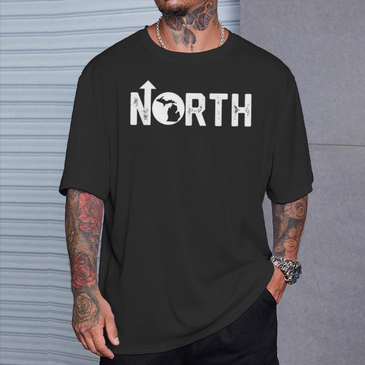 Vintage Up North Michigan Distressed Text State Map T-Shirt Gifts for Him