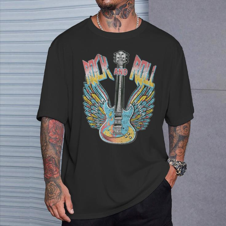 Vintage Retro 80S Rock & Roll Music Electric Guitar Wings T-Shirt Gifts for Him