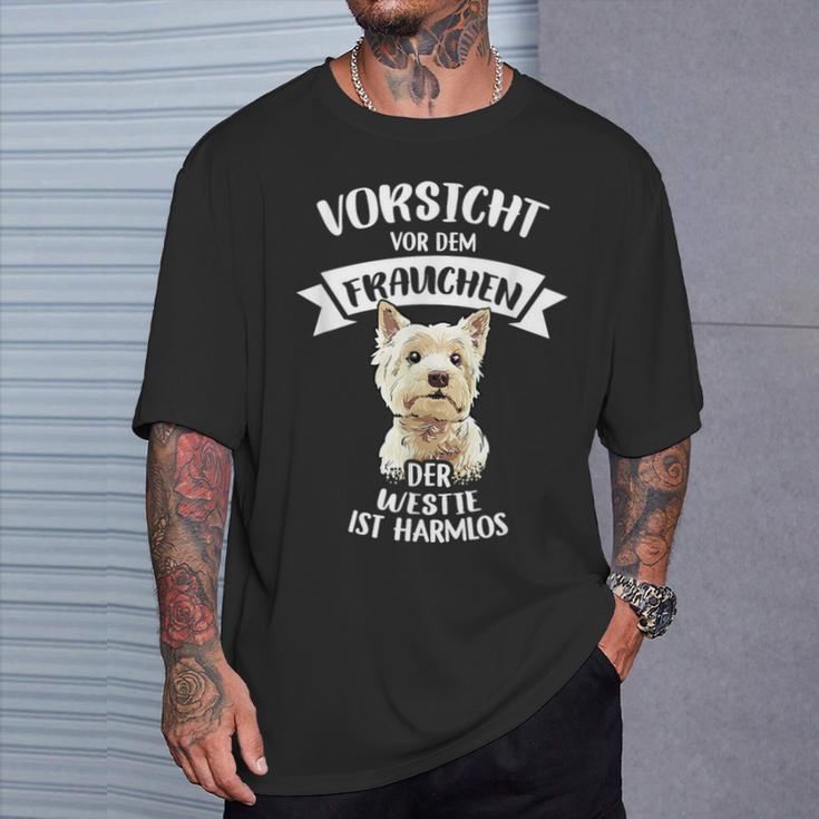 Vorsichtor Dem Frauchen Der Westie Ist Harmlos Gassi T-Shirt Geschenke für Ihn