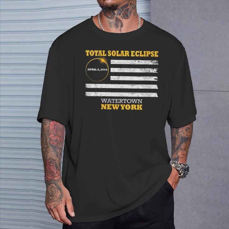 Watertown New York Solar Eclipse 2024 Us Flag T-Shirt Gifts for Him