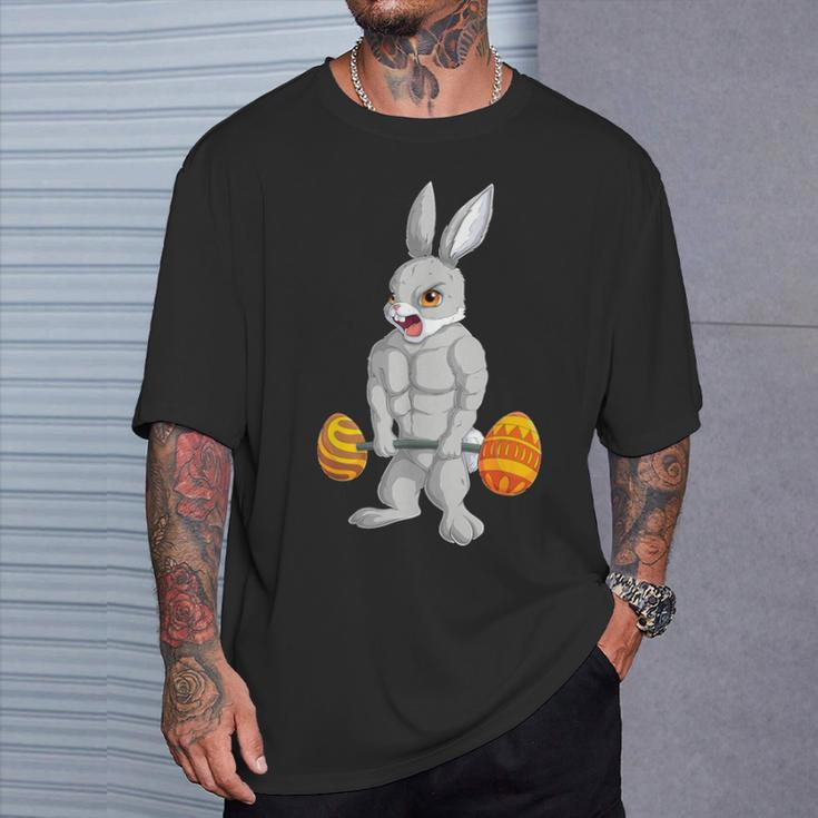 Weightlifting Fitness Gym Happy Easter Bunny Lifting Eggs T-Shirt Gifts for Him