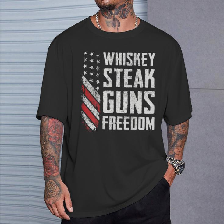 Whiskey Steak Guns Freedom Gun Bbq Drinking -On Back T-Shirt Gifts for Him