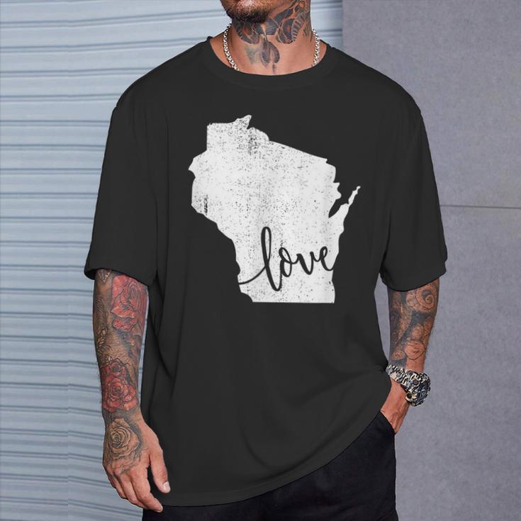 Wisconsin Home Love Vintage State Map Outline T-Shirt Gifts for Him