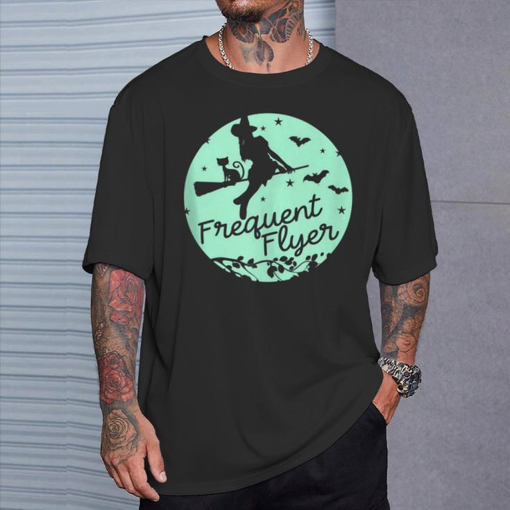 Witch Silhouette Moon Cat Bats Witchcraft Frequent Flyer T-Shirt Gifts for Him