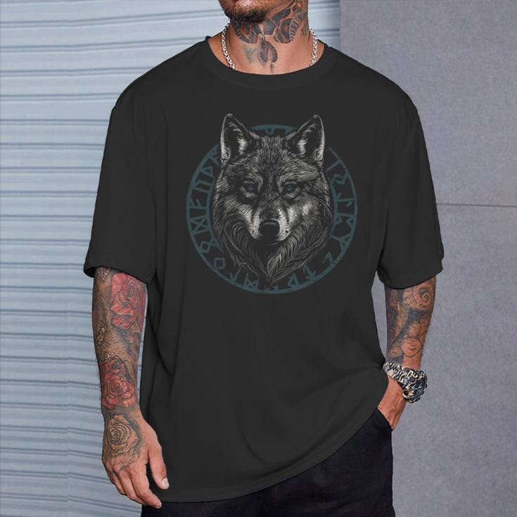 Wolf With Blue Eyes Viking Runes Animal Graphic T-Shirt Gifts for Him