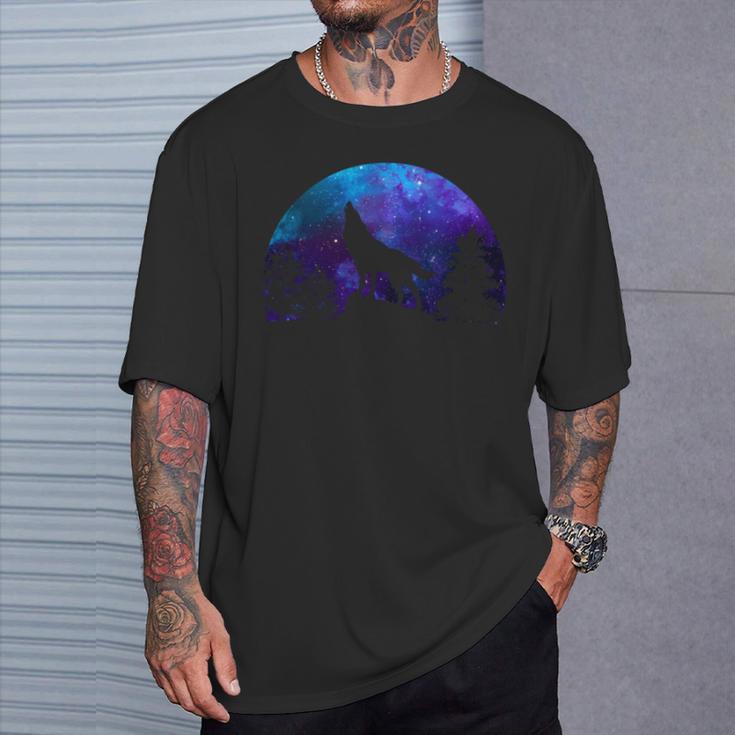 Wolf Howling Moon Love Wolves Cosmic Space Galaxy Men T-Shirt Gifts for Him