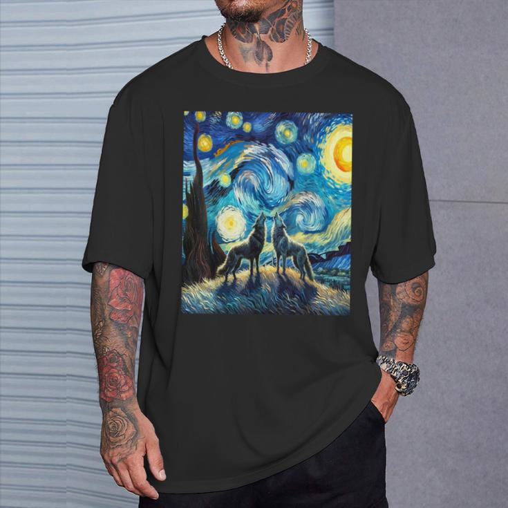 Wolves Howling At The Starry Moon T-Shirt Gifts for Him