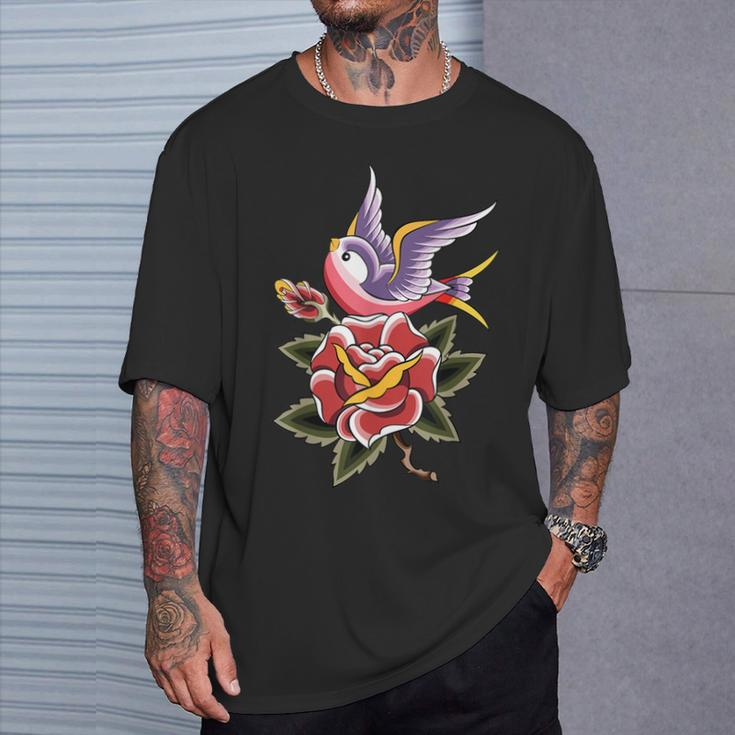 Women's Rose Swallow Vintage Retro Tattoo T-Shirt Gifts for Him