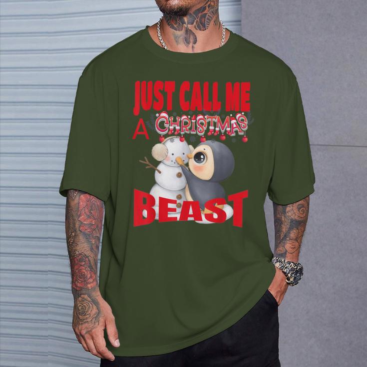 Just Call A Christmas Beast With Cute Penguin And Snowman T-Shirt Gifts for Him