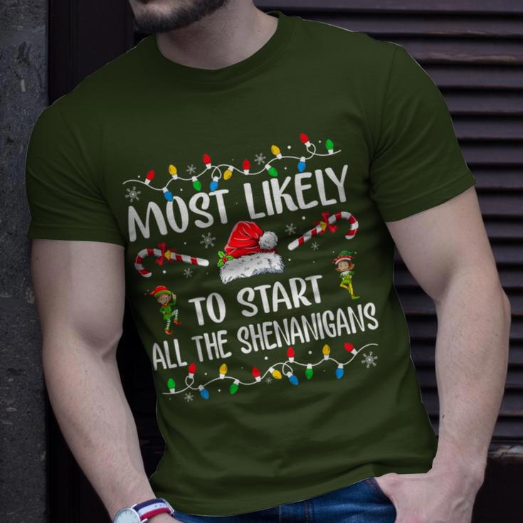 Most Likely To Start All The Shenanigans Family Xmas Holiday T-Shirt Gifts for Him