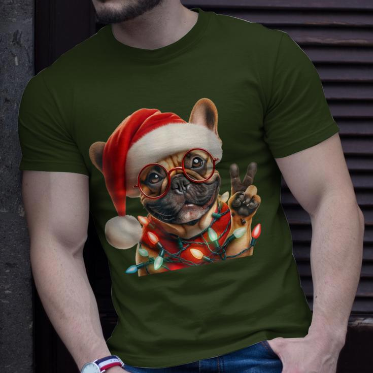 Peace Sign Hand French Bulldog Santa Christmas Dog Pajamas T-Shirt Gifts for Him