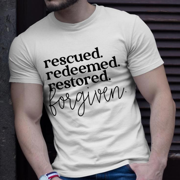 Christan Jesus Faith Rescued Redeemed Restored Forgiven T-Shirt Gifts for Him
