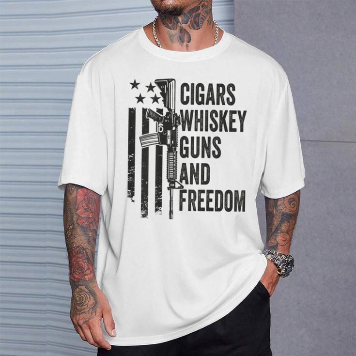 Cigars Whiskey Guns & Freedom Camo Gun Drinking- On Back T-Shirt Gifts for Him