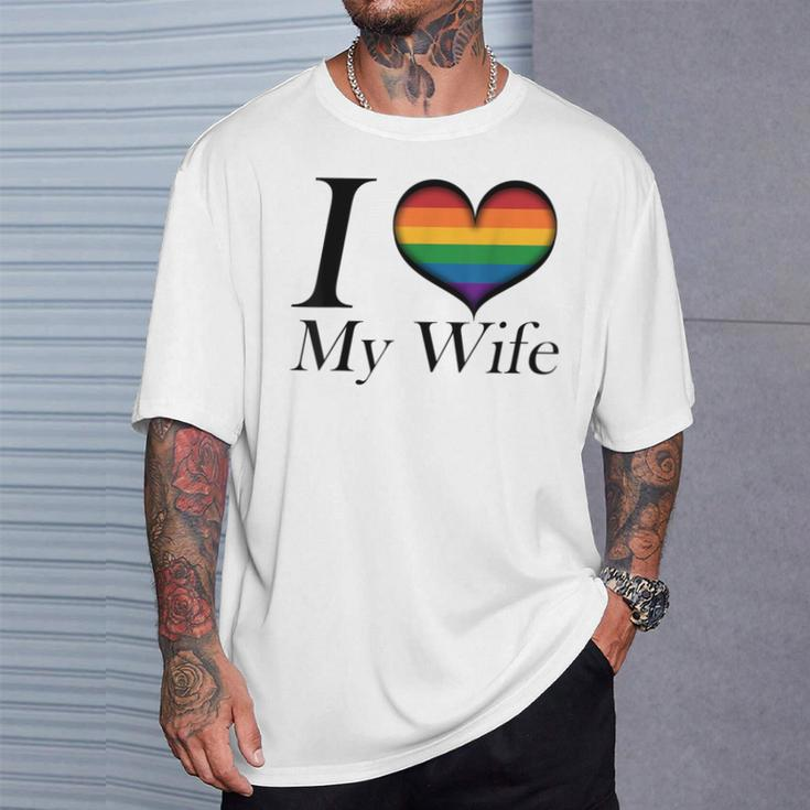 I Heart My Wife Lesbian Pride Typography With Rainbow Heart T-Shirt Gifts for Him