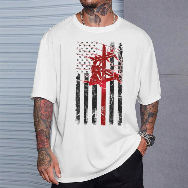 Lineman American Flag Electric Cable Lineworker T-Shirt Gifts for Him