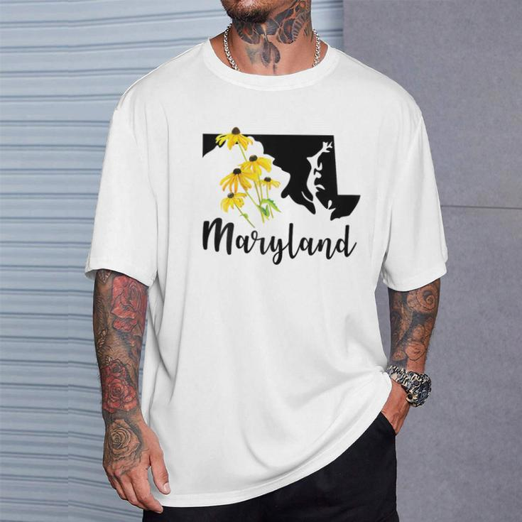 Maryland Floral Black-Eyed-Susan Handwritten State Inspired T-Shirt Gifts for Him