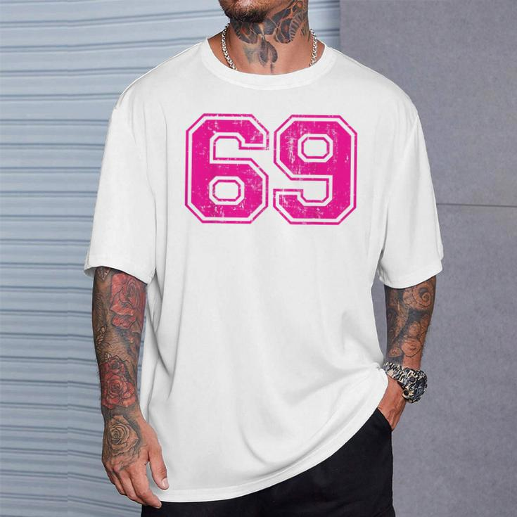 Number 69 Varsity Distressed Vintage Sport Team Player's T-Shirt Gifts for Him