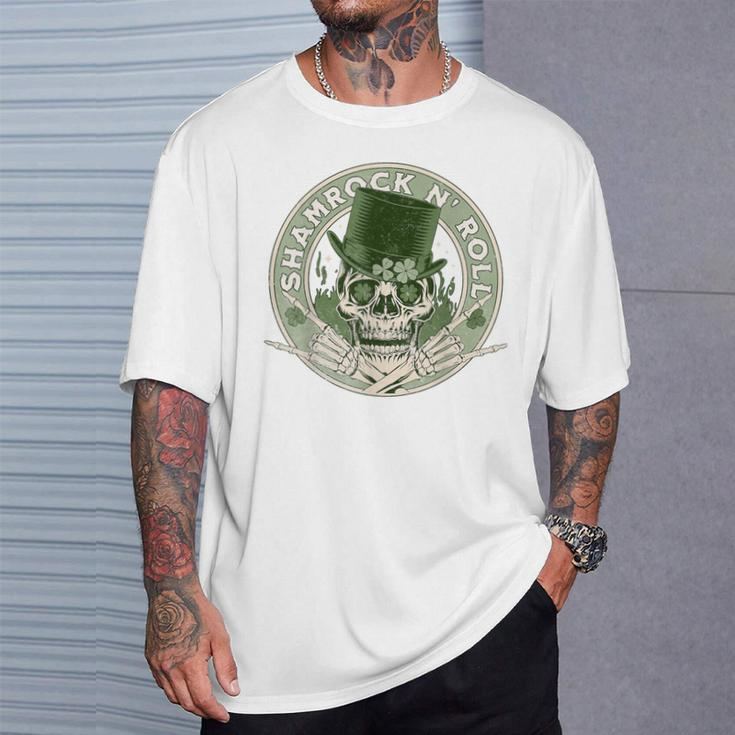 Shamrock And Roll Rock And Roll Saint Patrick's Day Skull T-Shirt Gifts for Him
