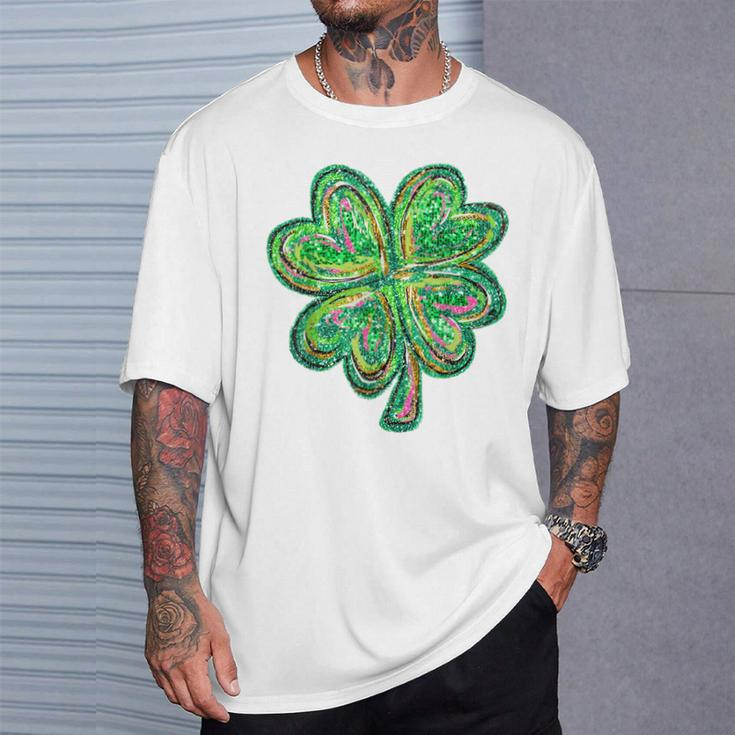Shamrock Sequin Effect St Patrick's Day Four Leaf Clover T-Shirt Gifts for Him
